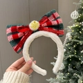 Christmas headband with large red and green plaid bow and golden snowflake pompom - Red Plaid Bow Headband