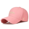 Pink distressed baseball cap with November Time embroidery and ripped brim detail - Pink