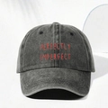 Washed black denim baseball cap with red Perfectly Imperfect embroidery and adjustable strap - Black Red LOGO