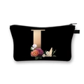 Black polyester pouch with golden letter L and floral print for makeup storage - Letter L
