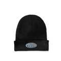 Detail of black ribbed knit beanie with MYOB oval embroidered patch on folded cuff - M (56-58cm) / Black