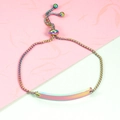 Macro shot of rainbow-plated bar on adjustable stainless steel box chain bracelet - Curved Bar Rainbow (MP168)
