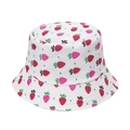 Close-up of strawberry embroidery and green polka dots on white cotton bucket hat - White Strawberry