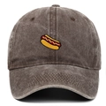 Casquette de baseball en coton délavé gris foncé avec broderie de hot-dog détaillée - Café