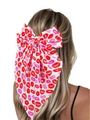 Detail view of large bow hair clip with red lip print on long ribbon for women - Streamer Clip Lip Print