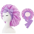 Details von lila Satin-Schlafhaube mit verstellbarem Band und elastischem Saum - M / Violett