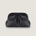 Black woven leather dumpling clutch bag with minimalist pleats and soft cloud shape - Black