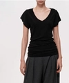 Slim fit black V-neck t-shirt in tencel wool blend with minimalist stacked design - S / Black