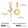 Detail view of gold stainless steel sun and moon earrings with size measurements - Gold Sun Moon Tassel Style (JDE2409047)