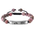 Detail of beaded bracelet with pink rhodonite stones and custom eye engraved metal plate - Black Line Red Vein Bracelet - Silver Metal Plate