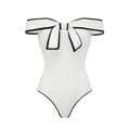 Detail view of one-piece swimsuit featuring a large bow and elegant off-shoulder design - S / Off-Shoulder Swimsuit / White