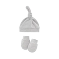 Detail of light gray soft cotton newborn knotted beanie and anti-scratch mittens set - Light Grey Hat