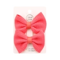 Pink seersucker ribbon bow hair clips set on a white display card for little girls - Deep Watermelon Red