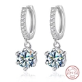 Detailed close-up of S925 sterling silver drop earrings with brilliant moissanite stones - Six-Prong Solitaire - 1.0ct Moissanite