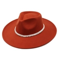 Detail view of brick red wool fedora with pearl beaded trim and wide brim design - M(56-58cm) / Rust red