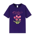 Dark purple Happy Mother's Day T-shirt with pink tulip bouquet print and soft fabric - XS / Tulip Print / Purple