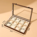 Wooden 12-slot jewelry box with glass lid and beige velvet dividers 35x24x4.8cm - Walnut Wood Grain 12 Grids Box