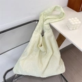 Detail of floral embroidery on light green tote bag with textured plaid fabric - Flower Embroidery Style / Petal Green