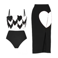 Three-piece bikini set with heart contrast pattern top, high waist bottoms and maxi skirt - S / Black White Heart Set