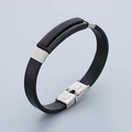 Men's black leather bracelet with textured black plate and silver stainless steel buckle - Style B Geometric Texture-Black(KB186182-JZ)