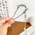 Épingle à cheveux en forme de U style bambou avec perles de jade vert et pampilles élégantes - Bambou Argent