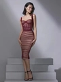 Detail of burgundy velvet mesh dress showing corset boning and layered ruffles - Burgundy