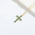 Minimalist gold necklace with cross pendant featuring green heart and round zircon stones - Gold Green Zirconia Heart Cross