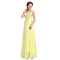 Pale yellow sleeveless evening gown featuring lace floral applique and a flowy chiffon skirt - US 2(S) / Yellow