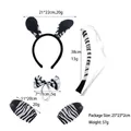 Detail of five-piece zebra animal costume set with headband, bowtie, tail and wrist cuffs - Zebra 3-Piece Set with Black Hoof Gloves