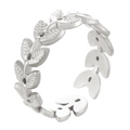 Adjustable stainless steel ring with laurel leaf design and textured natural finish - Steel Leaf Style (N-883)