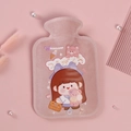 Pink plush hot water bottle with cute cartoon girl and teddy bear illustration - Large Pink - Pink Bear Girl