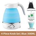 Blue 600ml collapsible electric kettle 4-piece set with storage bag and travel cup - Knob Style - 4-piece Set (blue) / Japanese Standard Plug (in Stock) 110v