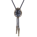 Vintage bolo tie with crown metal ornament and black obsidian stone on leather cord - 39 (Bronze with Obsidian)