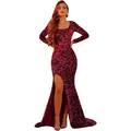 Sparkly burgundy sequin evening gown with long sleeves and high slit for formal events - S / Burgundy