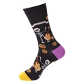 Tag der Toten Socken mit Skelett und Gitarre in Schwarz, Violett und Gelb für Unisex - 1384-Schwarzer Schädel Gitarre