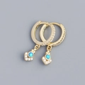 Gold heart drop earrings featuring blue opal stones and sparkling cubic zirconia pavé - Heart Pendant / Gold