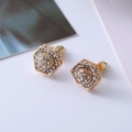 Detailed macro view of golden hexagonal earrings with micro-set sparkling crystals - D11 Gold Hexagon