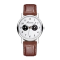 Macro shot of silver men's quartz watch with white dial and brown leather strap - White Dial Brown Strap Dual Sub-dials