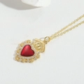 Collana con ciondolo a cuore in smalto rosso retrò con finitura dorata e cristalli - Stile Cuore Smalto Rosso Corona (XL3123皇冠爱心)