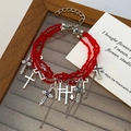Multi-layered red beaded bracelet with silver cross pendants and metal tassels - White K Red Cross (2421)