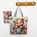 Canvas tote bag with cute cartoon bear floral embroidery and striped handles - Flower Gold Thread Single Sided Little Brown Bear