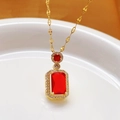 Square red zircon pendant necklace in gold-plated titanium steel for women - Red Gemstone Necklace / Gold
