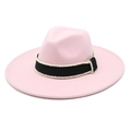 Close-up of pink wool felt jazz hat with black ribbon and white pearl bead trim - M (56-58cm) / Pink