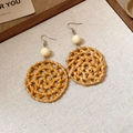 Detailed close-up of handmade woven rattan drop earrings on natural linen background - 27# Earring Hook - Coffee - Hollow Woven Round Dangle