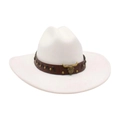 White felt cowboy hat featuring brown leather band with bronze studs and golden bull head - White