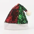 Red and green sequined Christmas hat with white plush trim and pompom for 2024 party decor - Red to Green Reversible Sequin Christmas Hat