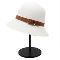 Detailed close-up of a white straw sun hat featuring brown leather belts and golden buckle - M (56-58cm) / White