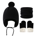 Ensemble détaillé bonnet noir à pompon, tour de cou et moufles en peluche pour bébé - Noir
