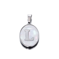 Detailed macro view of 22mm oval stainless steel pendant with white shell and letter L - Steel Letter L