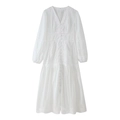 Detail of V-neck white dress featuring intricate lace patchwork and button-down design - S / White
